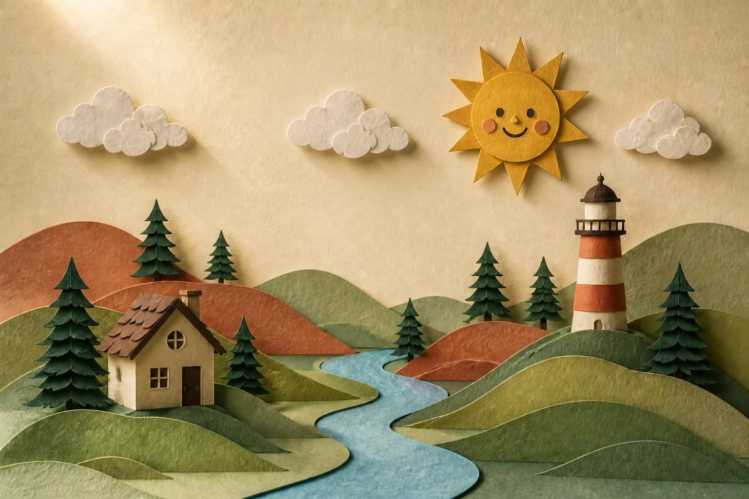 A child's imagined world, made of cut paper: hills, a river, a little cottage and lighthouse, with the sun in the sky